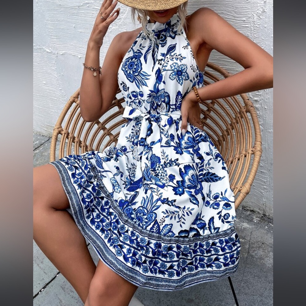 Boho Floral Paisley Print Belted Ruffle Hem Halter Dress WHITE BLUE - Picture 5 of 6